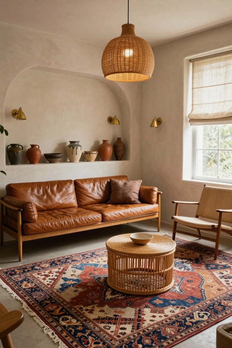 Beige living room with arched wall niche displaying assorted ceramic pots and vases, tan leather sofa, rattan armchair and coffee table on red and navy patterned rug, woven pendant light, and sheer window shades.