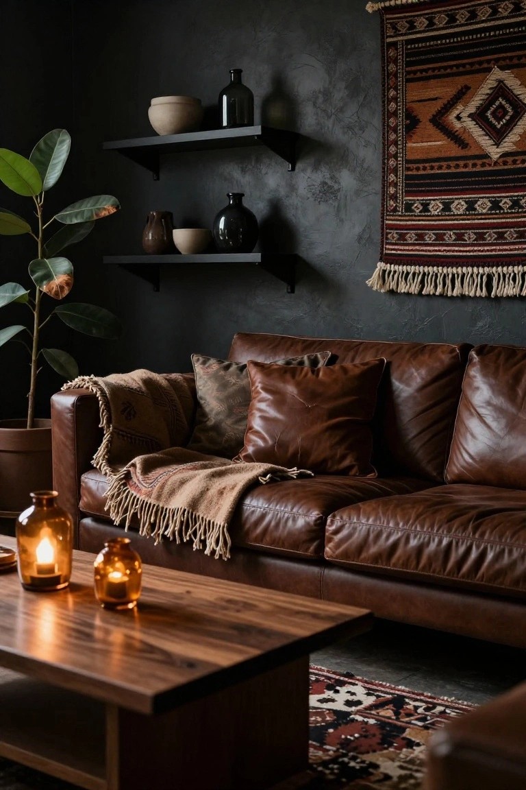Dark textured wall living room featuring a brown leather sofa with pillows and a fringed brown throw blanket, wooden shelves holding ceramic pots and vases, a potted plant, two lit amber glass candles on a wooden coffee table, and a patterned rug on the floor.