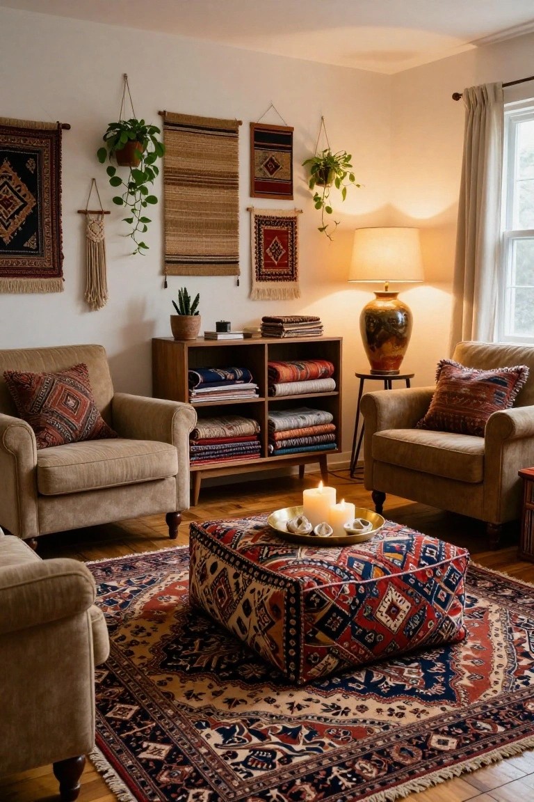 Living room corner with two beige armchairs facing a central red and blue patterned pouf on a navy and red Persian rug, wooden shelves holding folded fabrics, assorted woven wall hangings and macrame, potted plants, and a table lamp.