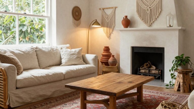 A boho-style living room with a beige linen slipcovered sofa on rattan base, wooden coffee table holding a woven basket and trailing plant, red patterned rug, macrame wall hanging above stucco fireplace mantel with terracotta pots, and windows letting in natural light.