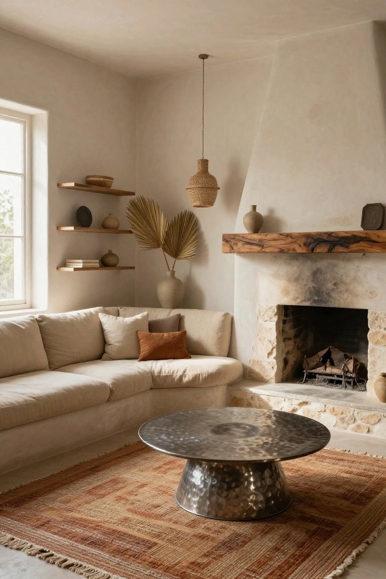 Light beige living room corner with L-shaped cream sofa, round hammered silver coffee table on fringed terracotta rug, stone fireplace with thick wood mantel, floating wood shelves holding pottery and plants, rattan pendant lamp hanging above.