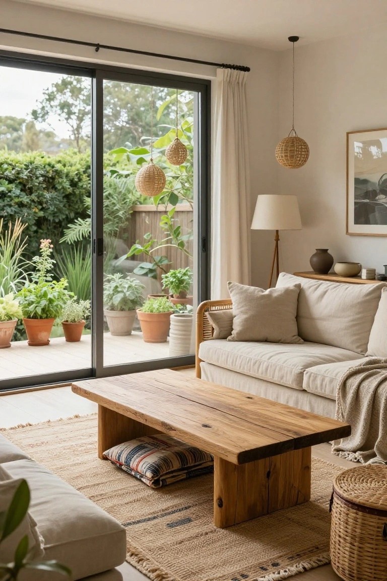 Living room with cream linen sofa, low natural wood coffee table on jute rug, sliding glass doors to plant-filled garden patio, wicker pendant lights, and potted plants indoors.