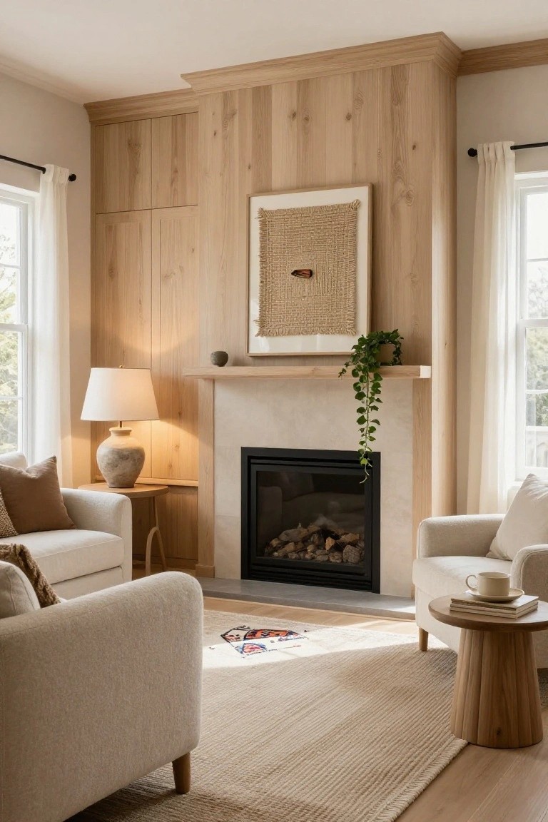 A cozy living room with light vertical wood paneling on walls and around a gas fireplace, flanked by cream upholstered sofas, a neutral seagrass rug, side tables, and large curtained windows.
