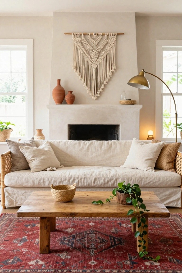 A boho-style living room with a beige linen slipcovered sofa on rattan base, wooden coffee table holding a woven basket and trailing plant, red patterned rug, macrame wall hanging above stucco fireplace mantel with terracotta pots, and windows letting in natural light.