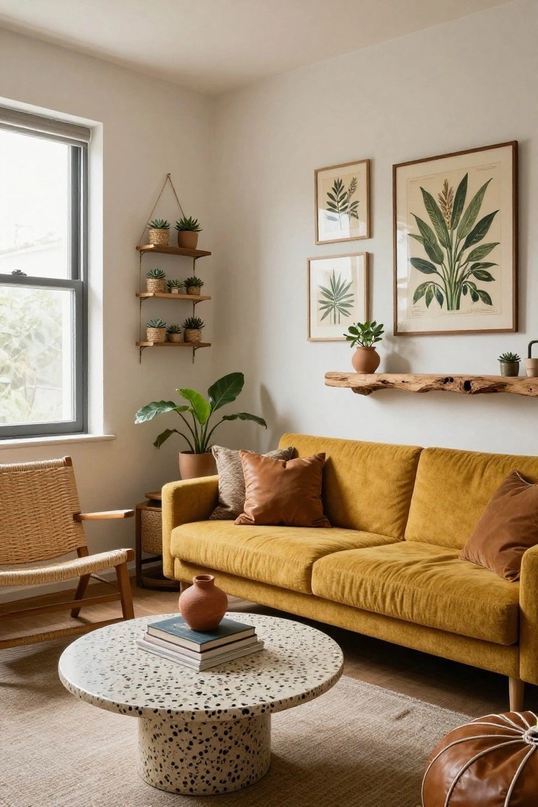 Living room featuring a mustard yellow velvet sofa, rattan armchair, speckled round coffee table, multiple potted plants on wooden shelves, and botanical prints on white walls next to a large window.