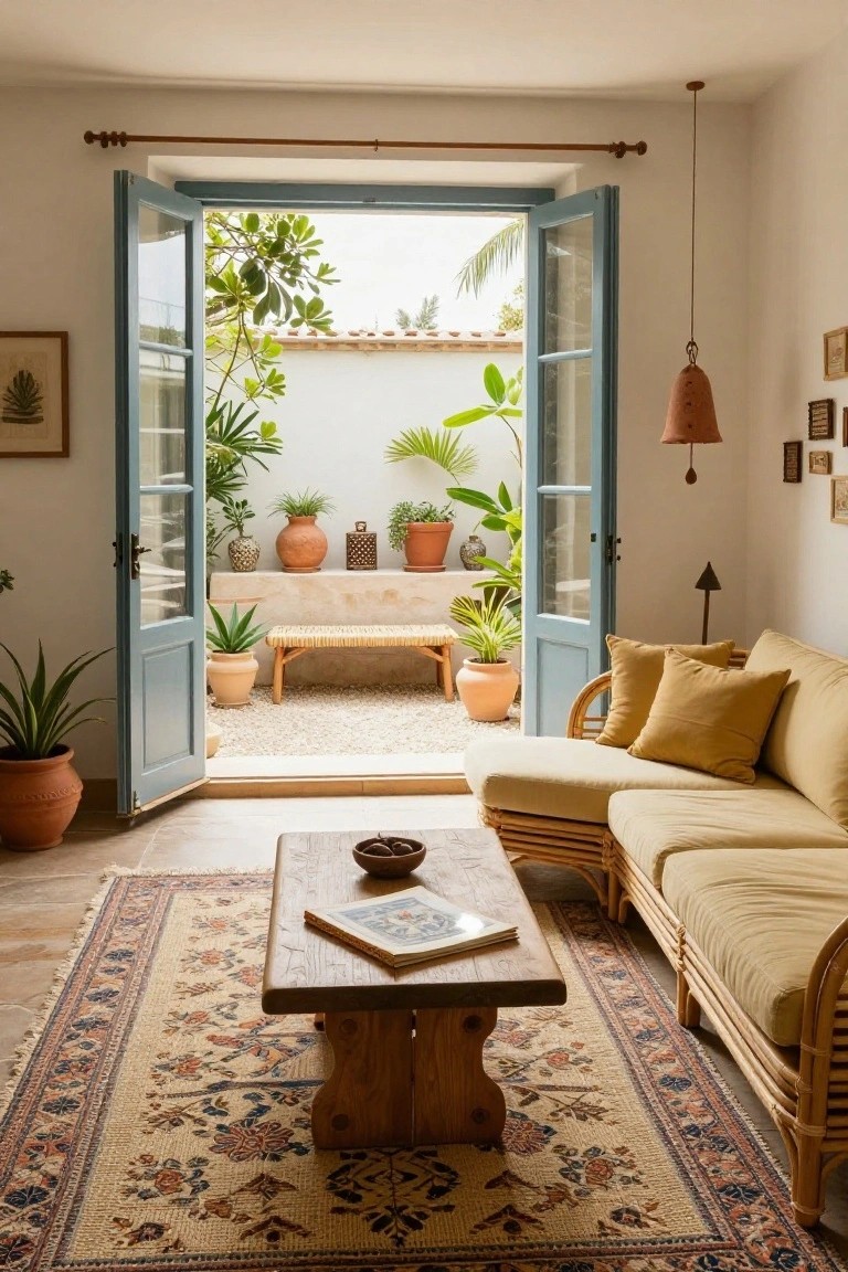 A living room with a beige rattan sofa, wooden coffee table on a patterned rug, flanked by potted plants, and open blue French doors revealing a gravel courtyard with more plants, pots, and a bench.