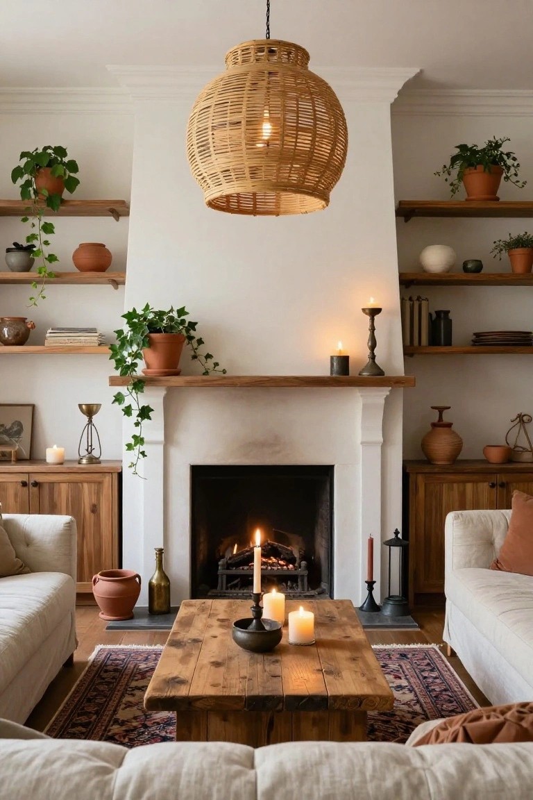 Living room with white fireplace flanked by wooden open shelves holding potted trailing plants, terracotta pots, books, and ceramics, rattan pendant light overhead, rustic wooden coffee table with candles, beige linen sofas, and Persian rug.