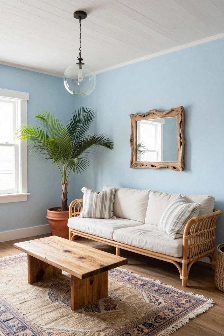 Light blue living room with rattan loveseat topped by striped pillows, live-edge wood coffee table, tall potted palm, driftwood mirror on wall, and Persian rug on wood floor.
