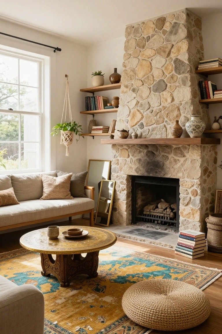 A sunlit living room with a tall irregular stone fireplace on one wall, wooden mantel holding ceramics, beige sofa facing it, brass coffee table on a colorful patterned rug, hanging plants, and floating shelves with books and pots.