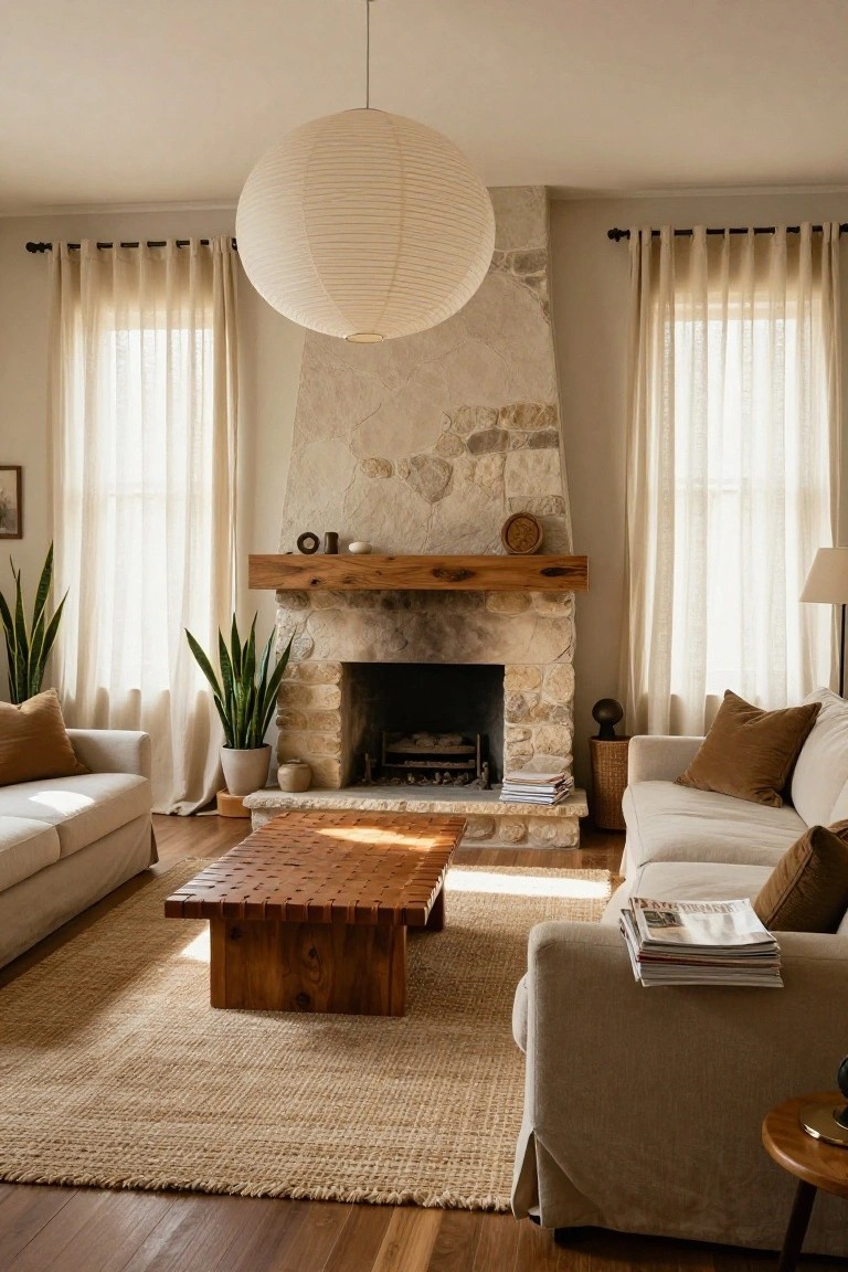 Living room with beige stone fireplace topped by thick wooden beam mantel, neutral fabric sofas, potted snake plants, woven coffee table, seagrass rug, and large paper lantern overhead.