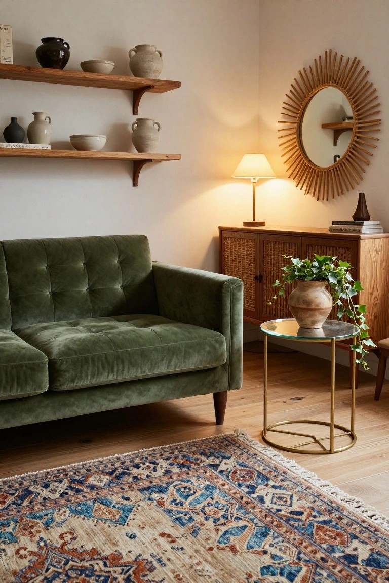 A living room corner with open wooden shelves displaying assorted ceramic pottery including jugs and bowls, green velvet tufted sofa, rattan sunburst mirror, cane-front wooden cabinet with potted ivy, glass-topped brass side table, and patterned rug on hardwood floor.