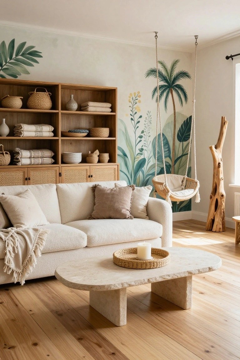 Living room featuring a tropical mural wallpaper with palm trees and leaves on one wall, wooden shelving unit with linens and baskets, cream bouclé sofa with throw blanket, rattan hanging swing chair, stone coffee table with candle, and wooden floors.