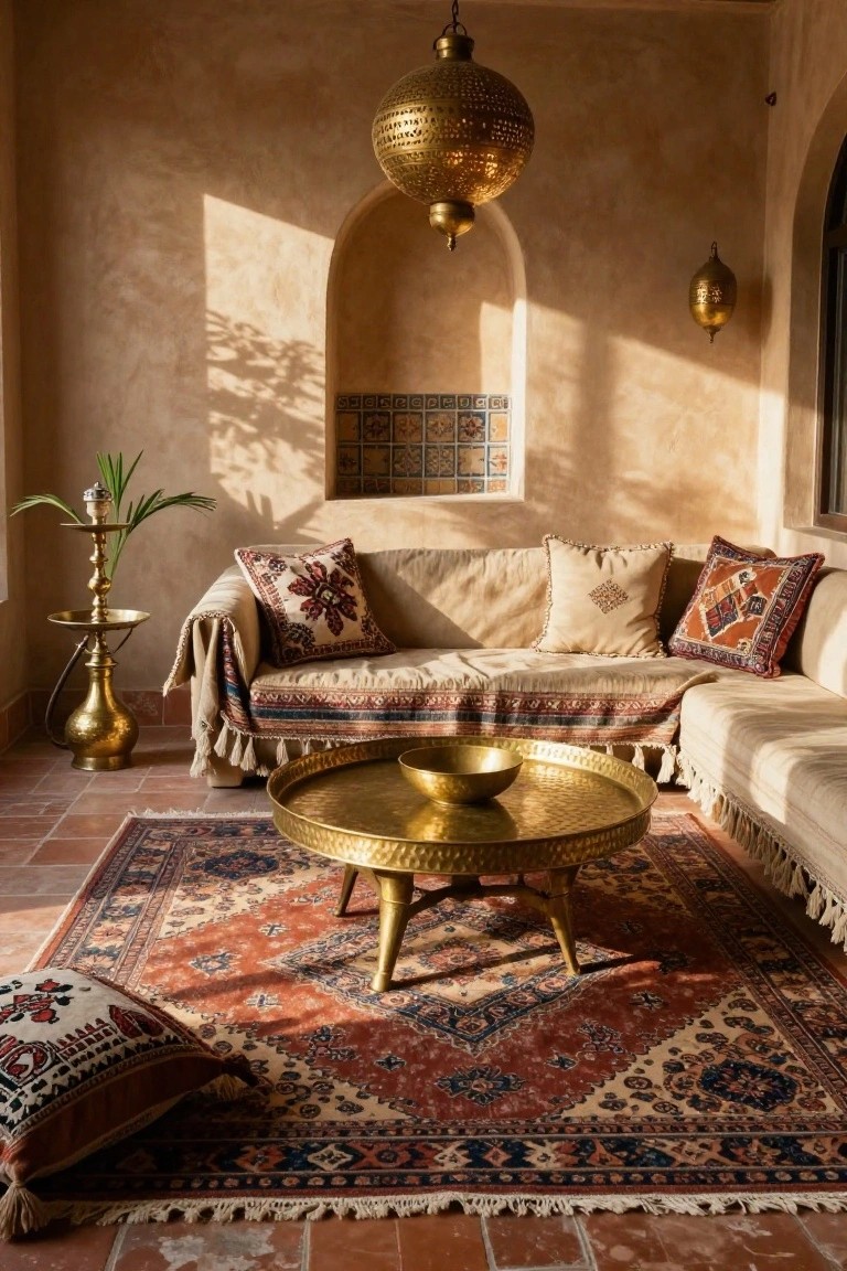 Beige stucco-walled living room with arched window niche featuring blue tiles, low brass hookah with plant, beige sofa with patterned pillows and throw, brass tray table with bowl, hanging brass lanterns, smaller wall lantern, patterned rug, and terracotta tile floor.