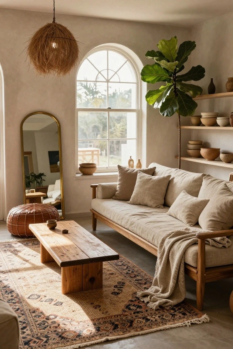 Light beige living room featuring a low wooden daybed sofa with beige linen cushions and throw, wooden coffee table, orange Moroccan pouf, gold arched mirror, fiddle leaf fig plant on shelves with ceramic pots, rattan pendant light, and patterned rug on concrete floor with arched windows showing palm trees outside.
