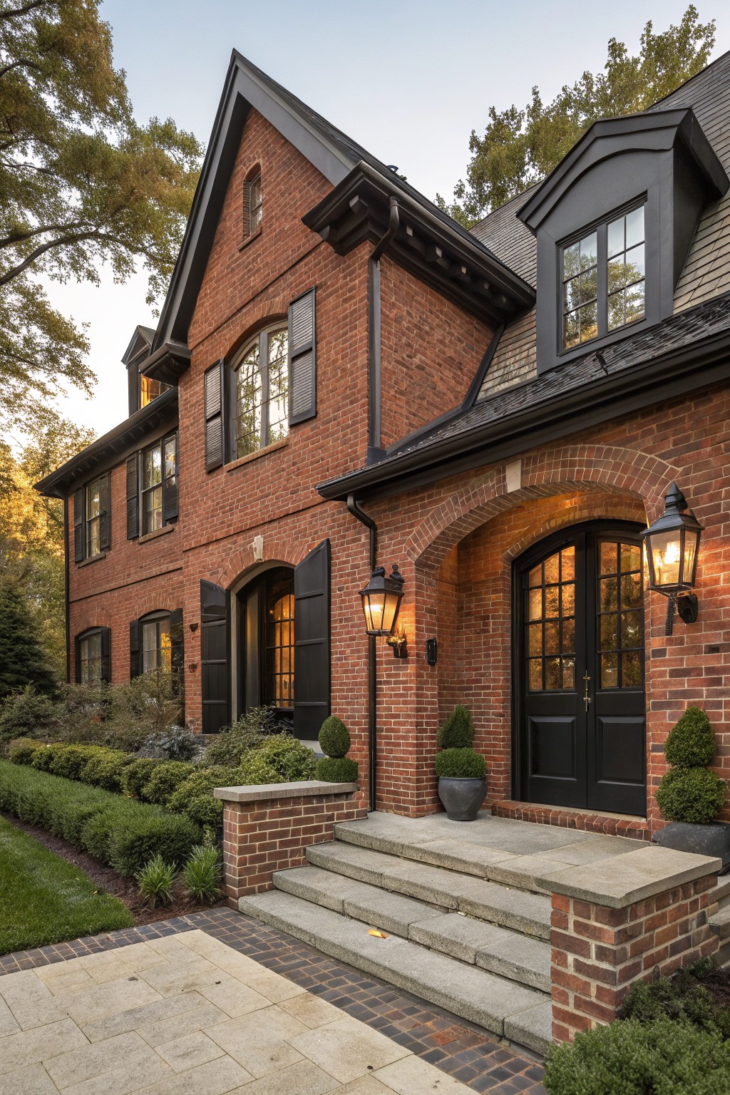 Two-story red brick house exterior with dark trim, featuring a recessed arched entryway with black double doors, black shutters on windows, wall-mounted lanterns, topiary plants, and brick steps leading to the front door.