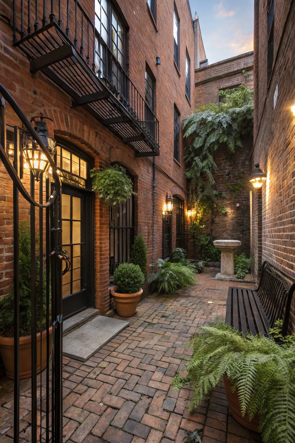 Narrow red brick courtyard with open black metal gate entrance, lanterns, potted plants, stone fountain, greenery, and wooden bench on brick pavers.