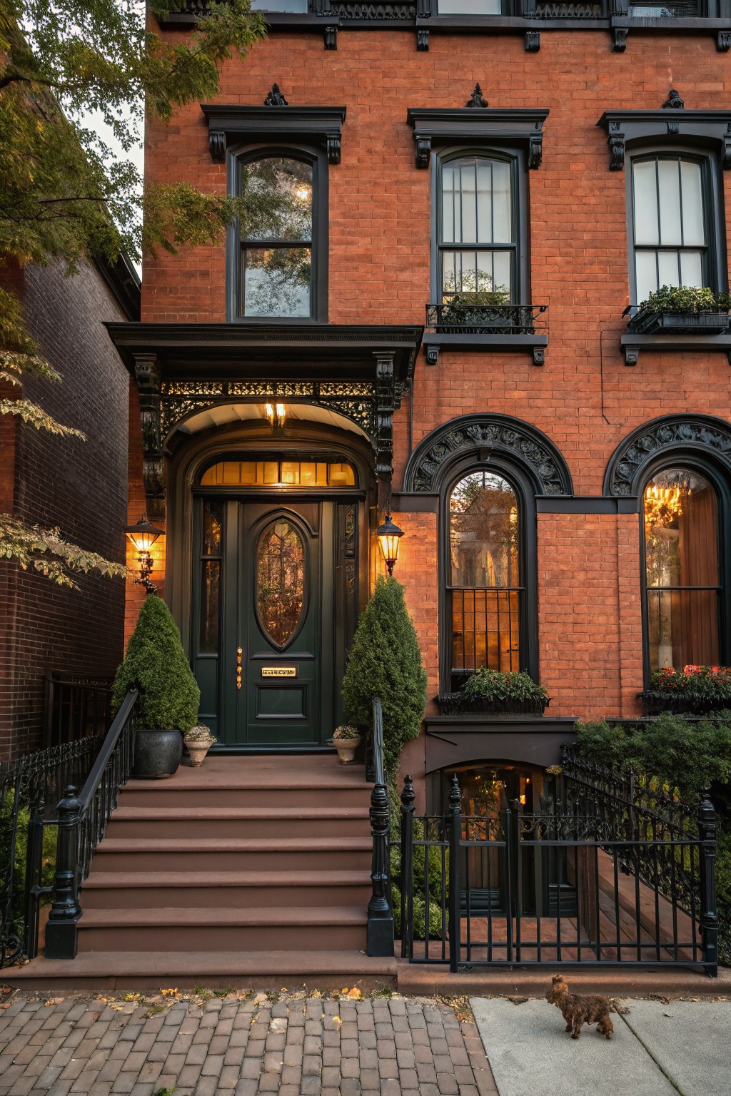 Three-story red brick rowhouse with black trim around arched windows and entry, dark green front door with oval glass panel, stone steps flanked by potted plants and iron railing, lit by lanterns, small brown dog on sidewalk.