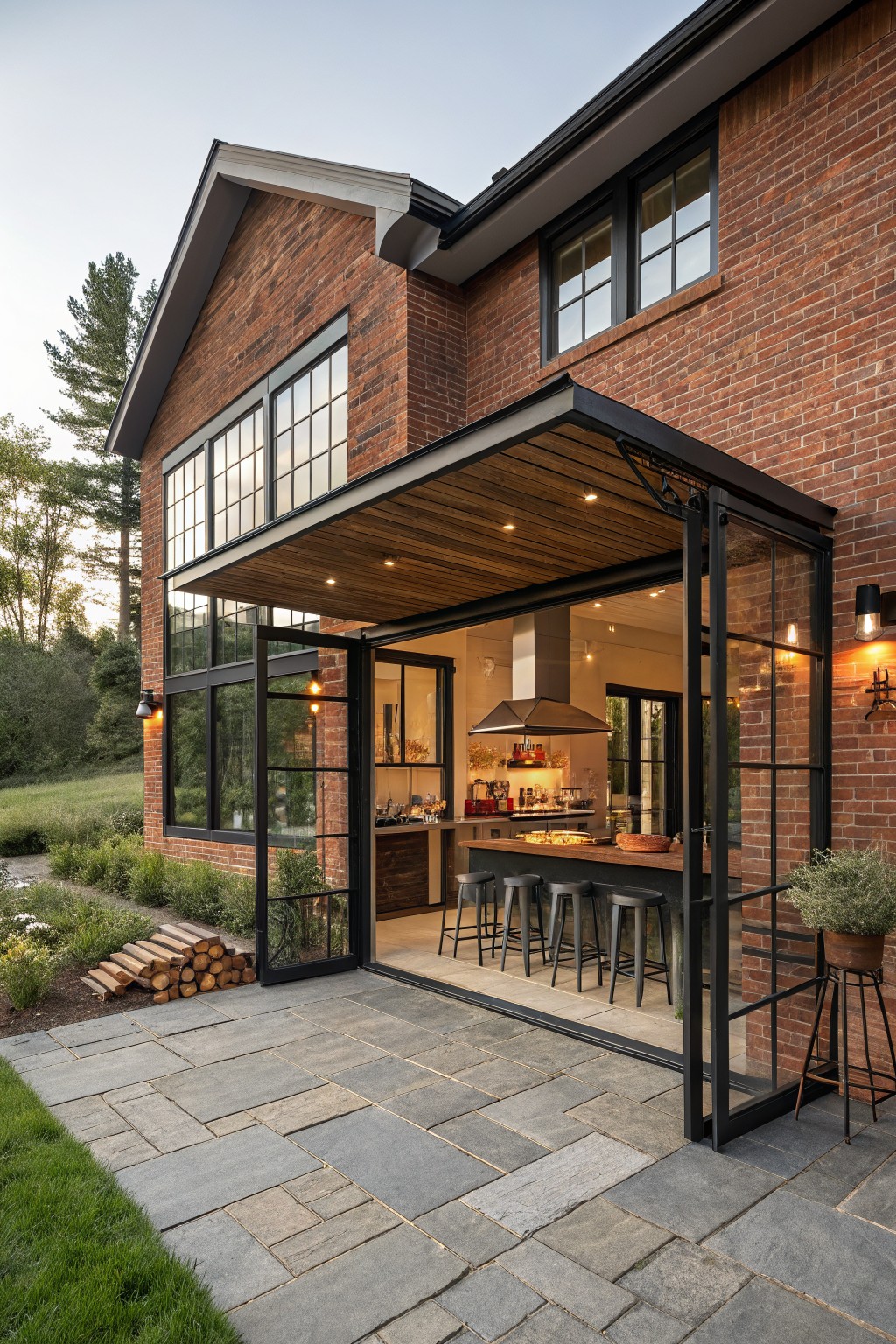 Red brick house exterior with covered porch, black metal-framed folding glass doors open to indoor kitchen bar with stools, stone paver patio, firewood stack, plants, and trees in background.