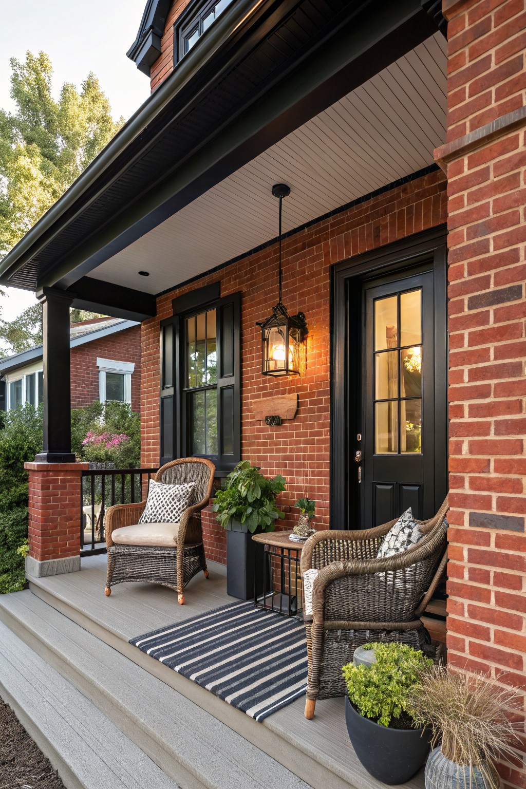 Red brick house exterior featuring a covered front porch with black-framed door and windows, two wicker armchairs with patterned pillows, a small metal table, striped rug, potted plants, and lanterns.
