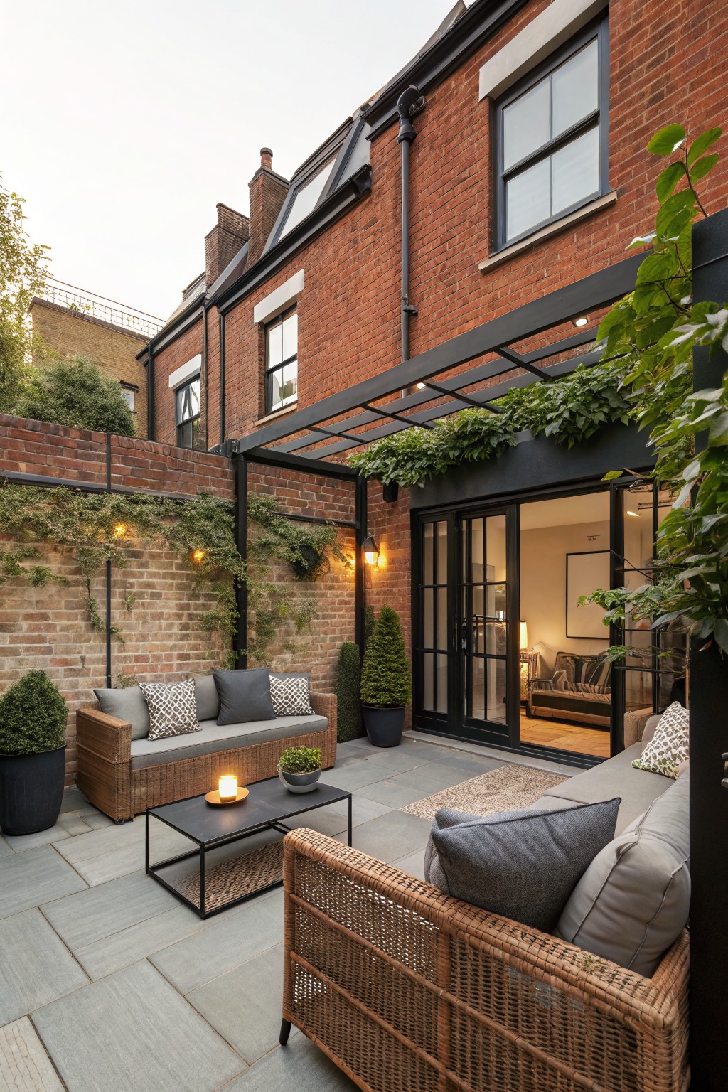 Red brick walls enclose a paved patio with black metal pergola overhead covered in green vines, rattan outdoor sofa and chairs around a metal coffee table, potted plants, string lights, and black-framed sliding glass doors opening to an interior room.
