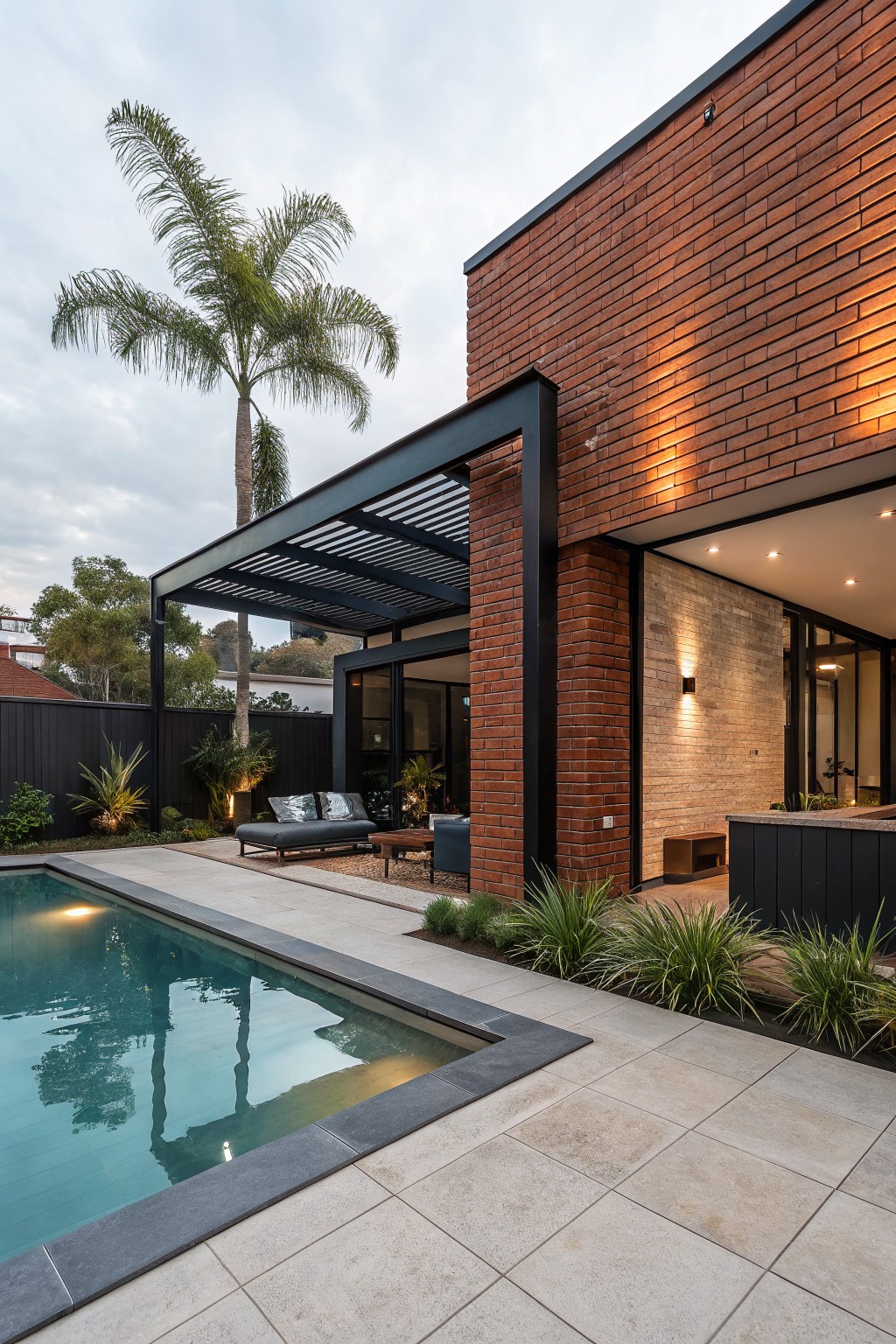 Red brick house exterior featuring a black steel pergola covering lounge seating beside a lit rectangular pool, with travertine pavers, grasses, and a palm tree in the background.
