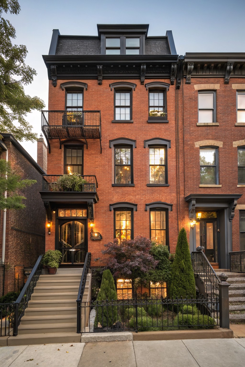 Three-story red brick row house with black trim on windows, doors, roofline, balcony railing, and entry stairs, surrounded by small front garden plants and iron fence.