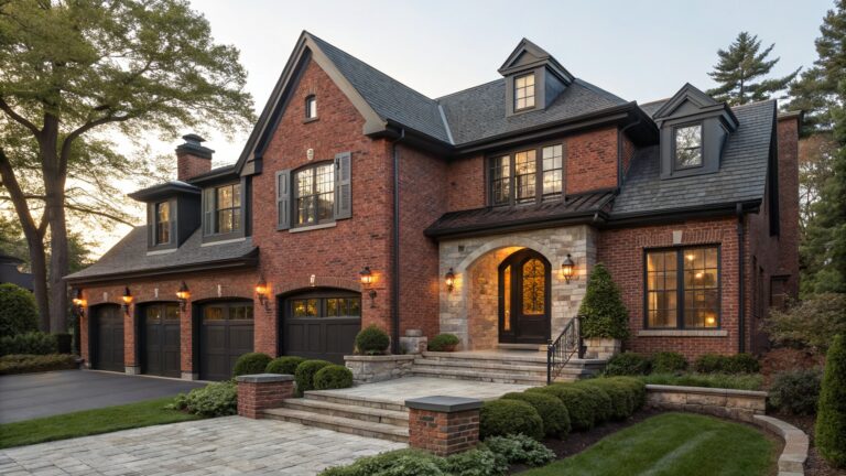 Two-story red brick house exterior with dark trim, featuring a recessed arched entryway with black double doors, black shutters on windows, wall-mounted lanterns, topiary plants, and brick steps leading to the front door.