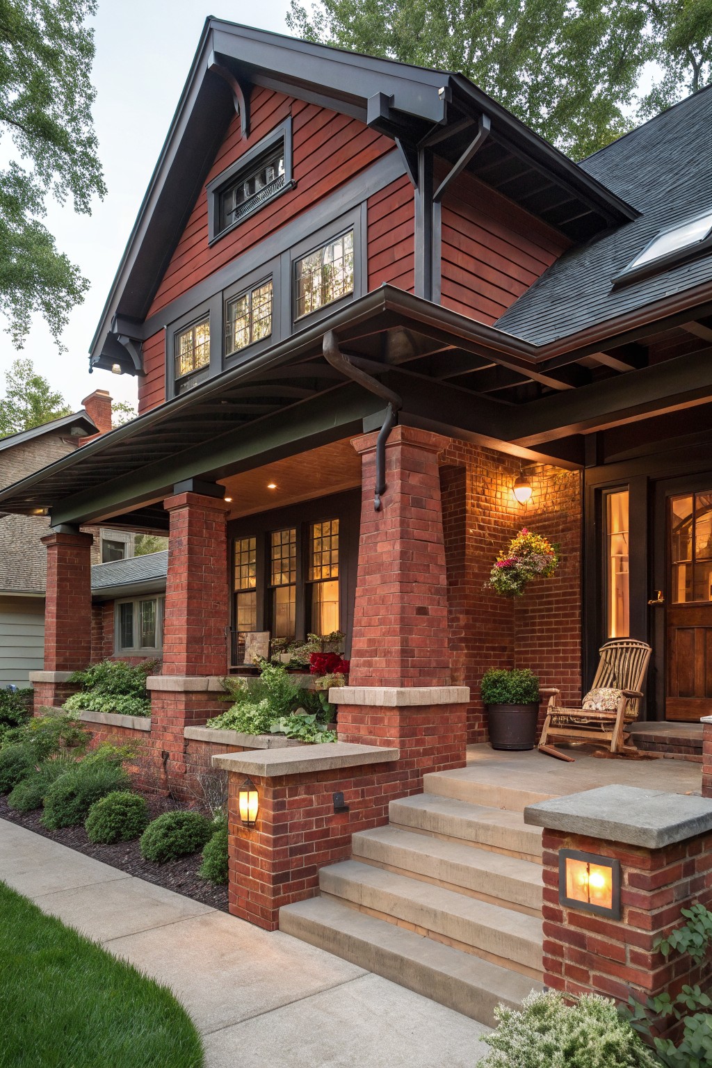 Two-story Craftsman-style house with red brick piers and base, dark wood siding and trim, covered front porch with columns, steps leading to entry door, and surrounding landscaping.