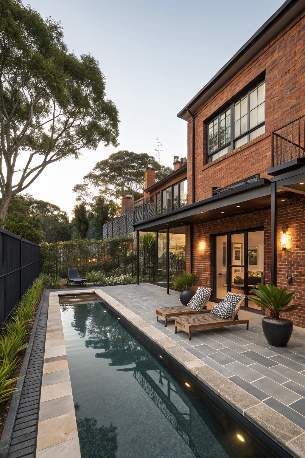 Side exterior view of a two-story red brick house with black metal window frames, balcony railing, and overhanging roof, adjacent to a long narrow in-ground pool on a dark tiled patio with wooden lounge chairs, potted plants, landscaping, and trees in the evening light.