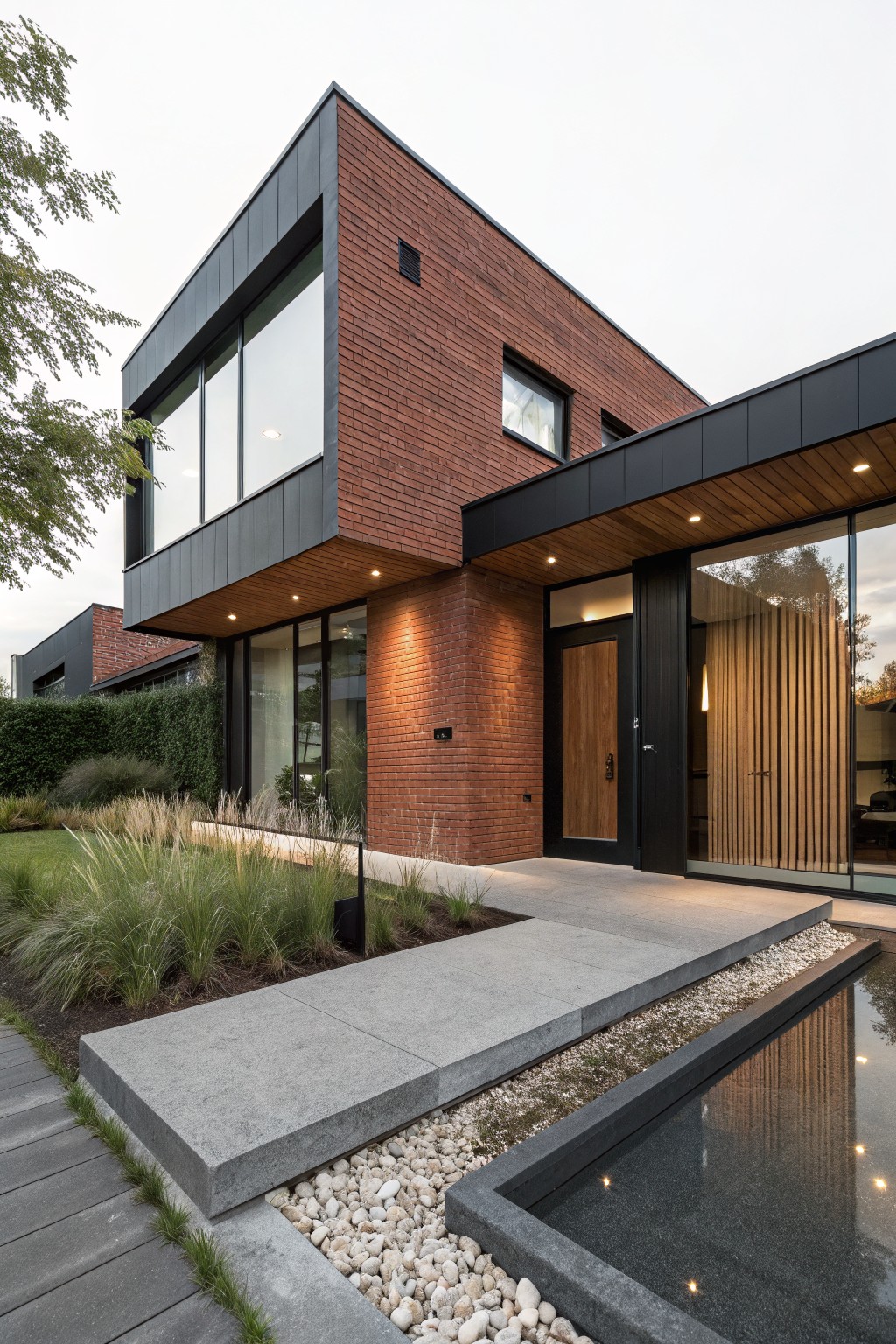 Modern two-story house exterior with red brick walls, black metal cladding on upper sections and overhang, large glass windows, wooden front door, concrete pathway, ornamental grasses, and a linear water feature.