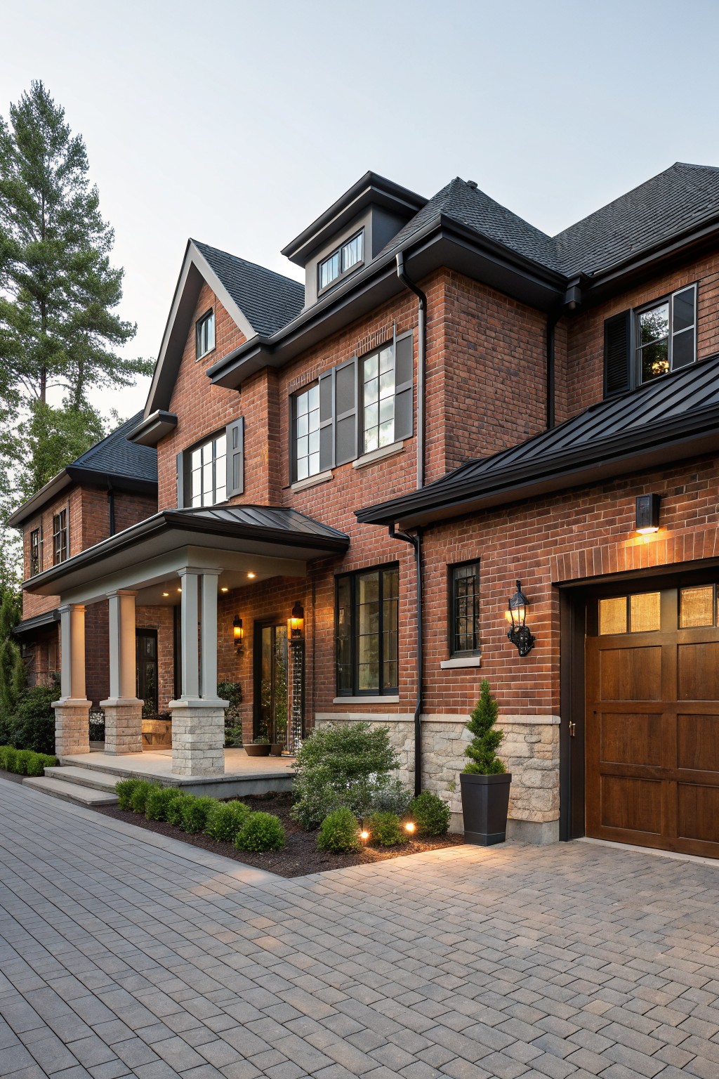 Two-story red brick house featuring dark metal roofing, black shutters on windows, a covered front porch with stone columns, attached wood garage door, paved driveway, and low landscaping with shrubs and trees.
