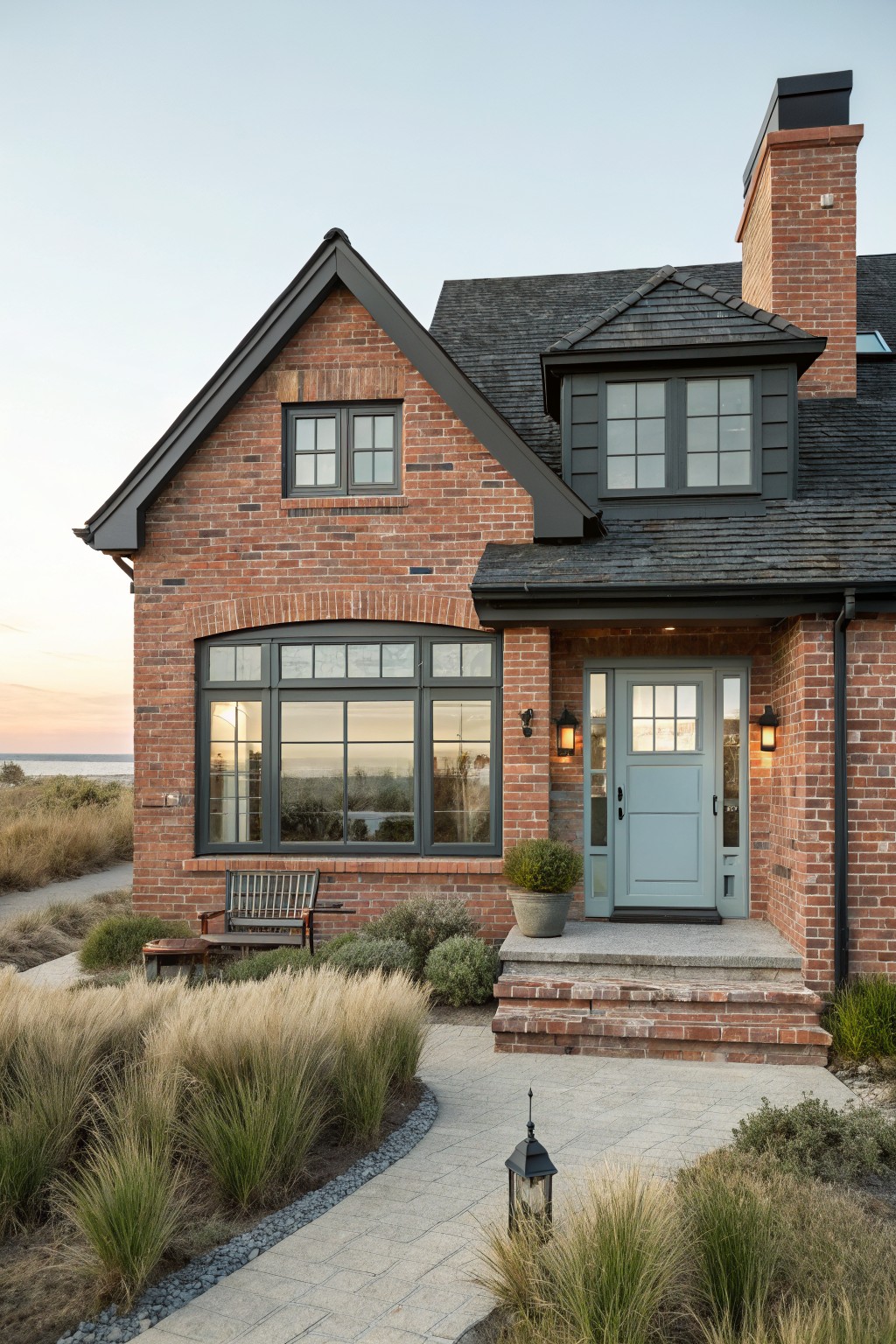 Red brick house exterior with dark trim on gabled roof, windows, and entry porch, light blue front door flanked by lanterns, wooden bench nearby, pathway edged by beach grasses, ocean in background at sunset.