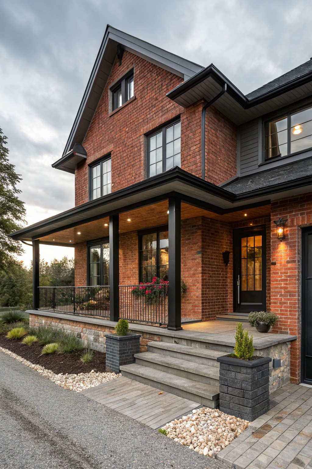 Two-story red brick house with covered front porch supported by black metal posts and railing, black-trimmed windows and entry door, concrete steps, and low plantings with gravel mulch at the base.