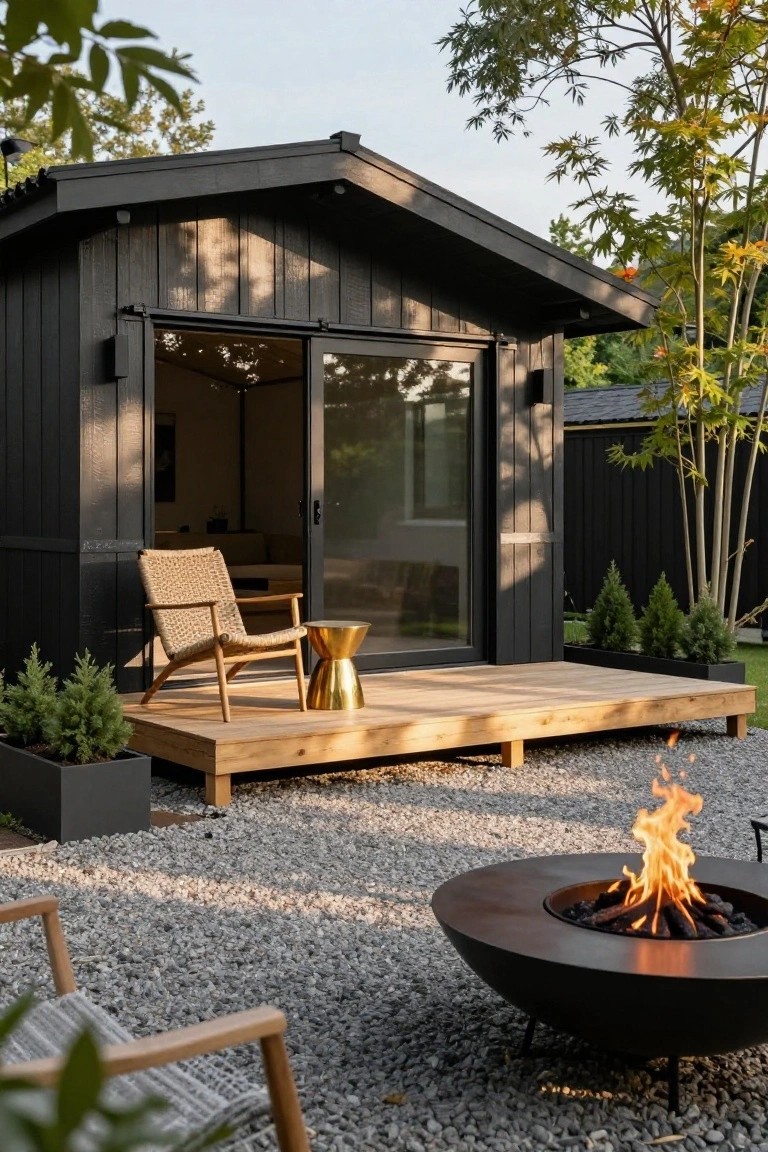 Small black wooden cabin with open sliding glass door onto raised wooden deck holding rattan chair and brass side table, black circular fire pit on gravel ground in front surrounded by plants and trees.