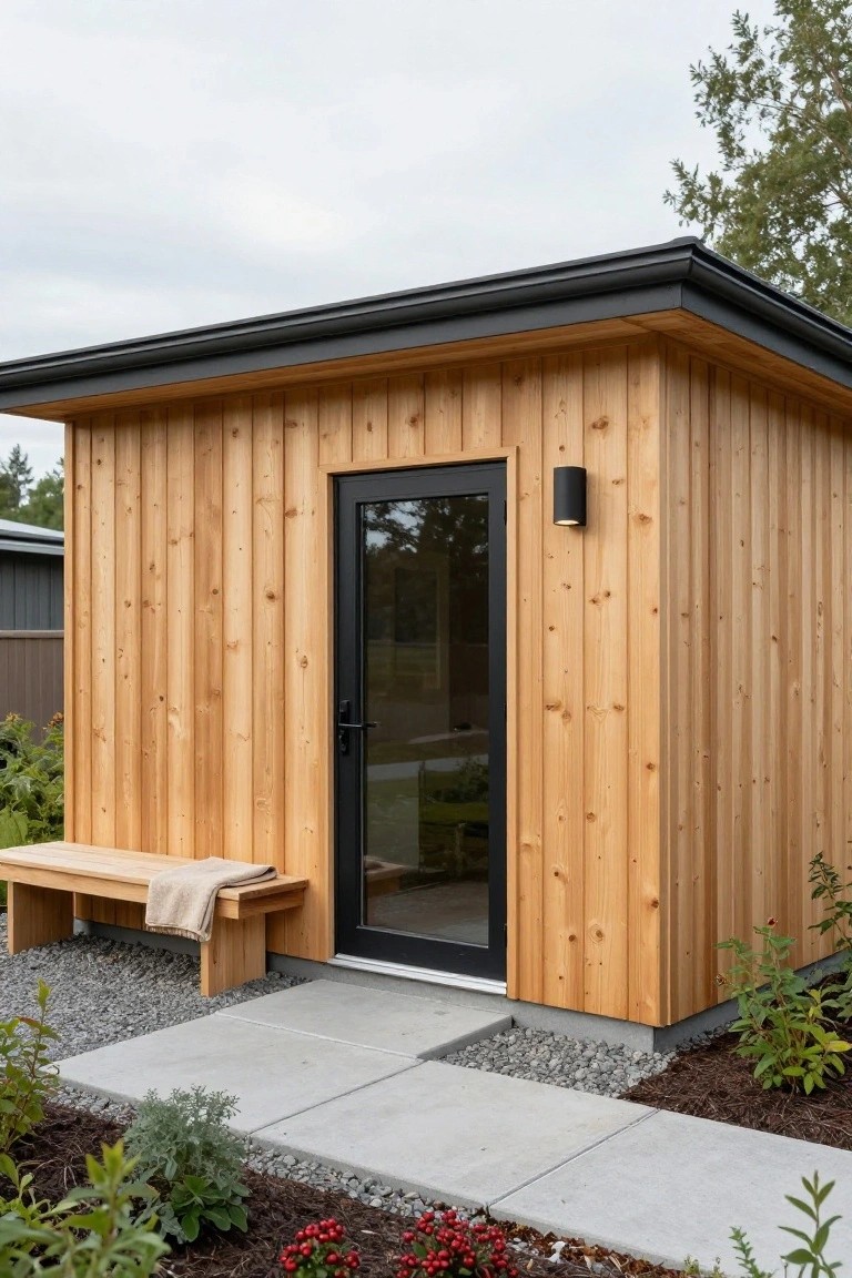 Small cedar-clad cabin with vertical wood siding, black metal roof and framed glass door, wooden bench on concrete path with gravel and plants nearby.