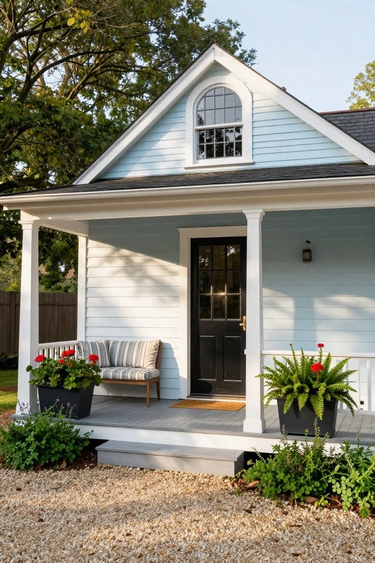 Light blue clapboard cottage with gabled roof, covered front porch featuring black door, striped bench, potted red geraniums and ferns, white columns, and gravel driveway edged by low plants.