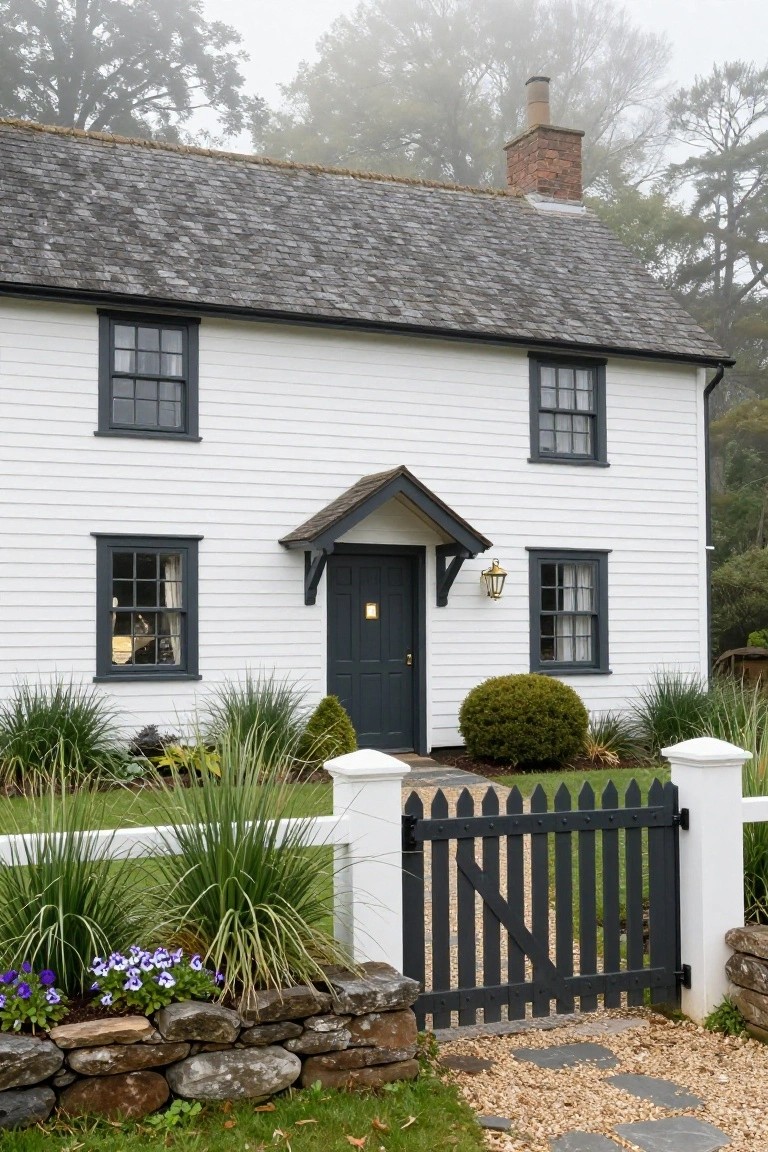 White clapboard cottage with black-framed windows, dark green front door under a small porch, slate roof, black picket fence, ornamental grasses and shrubs in the garden, misty tree background.