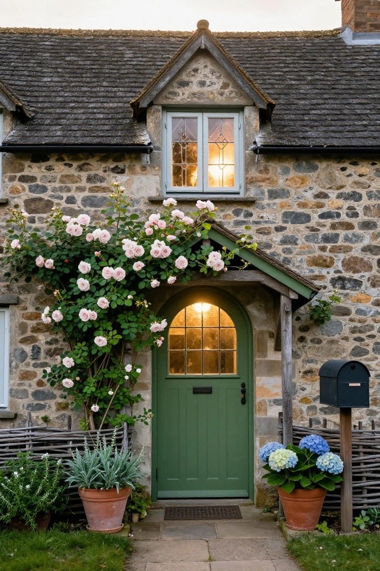 Stone cottage exterior featuring pink climbing roses draping over a wooden porch and arched green door, with potted blue hydrangeas and silver-leaf plants in terracotta pots on either side.