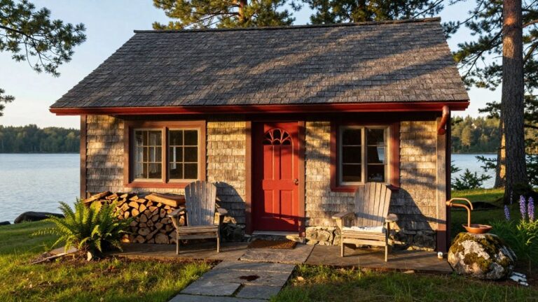 Red shingled gabled cottage with covered front porch, two wooden Adirondack chairs, red door, stone walkway, lupine flowers, ferns, mossy rock, firewood stack, and surrounding pine trees near a lake.