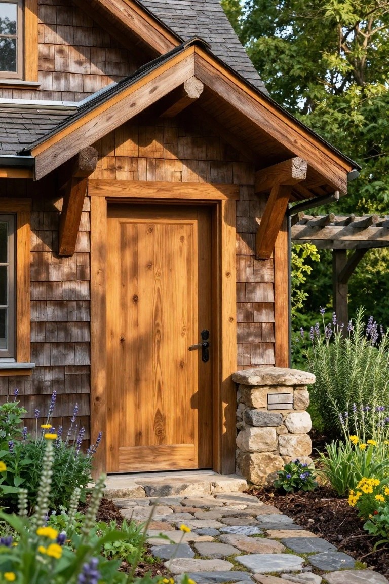 Wooden front door under a gabled timber porch on shingle siding house, with stone pillar, flagstone path, and garden plants nearby.