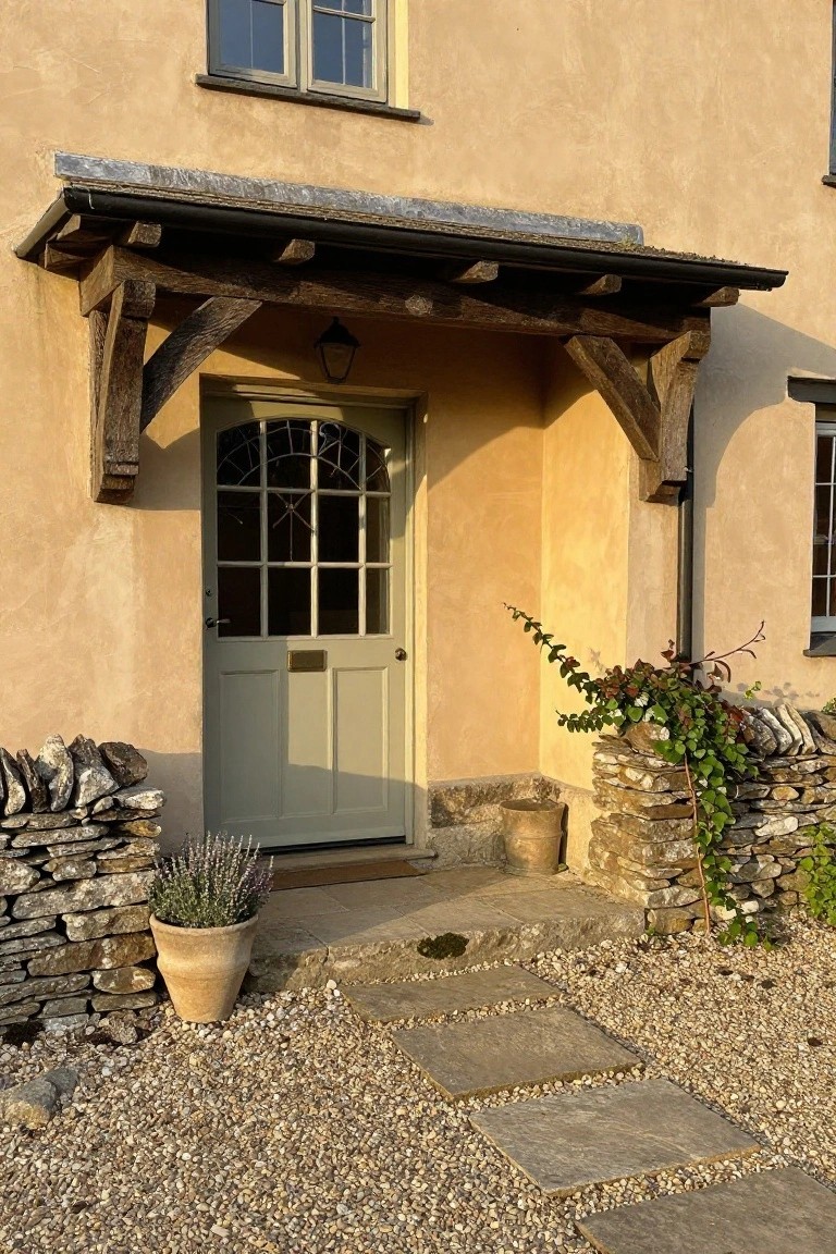 Beige stucco house exterior featuring a green arched front door under a wooden porch with exposed timber brackets, stone walls, lavender pot, and gravel path with stone steps.