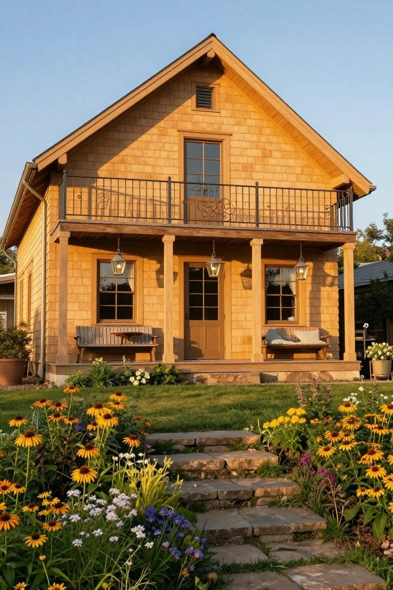 A two-story cottage with beige horizontal shingle siding, covered front porch with benches and lanterns, upper balcony with black railing, stone steps leading from colorful flower beds, and potted plants nearby.