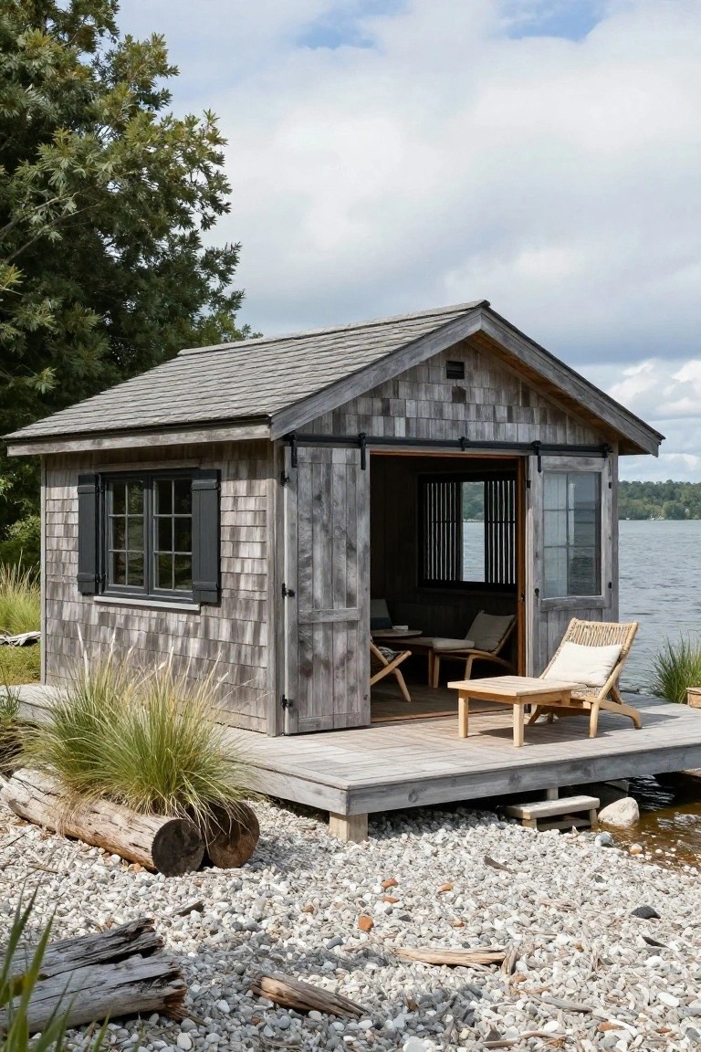 Small gray shingled wooden pavilion on a wooden dock extending over a lake, with open barn doors, lounge chairs, and a table inside, surrounded by pebbles, grasses, and driftwood.