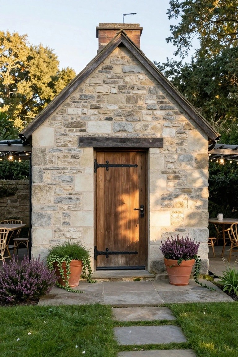 Small gabled stone cottage with wooden door and black iron hinges, flanked by potted lavender and ivy plants, stone path leading up, grass yard, and nearby wicker furniture under string lights.