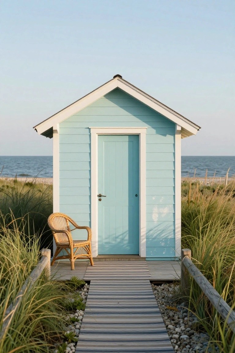 Small turquoise wooden cabin with white trim and blue door on a wooden walkway amid beach grass and pebbles, with ocean in the background.