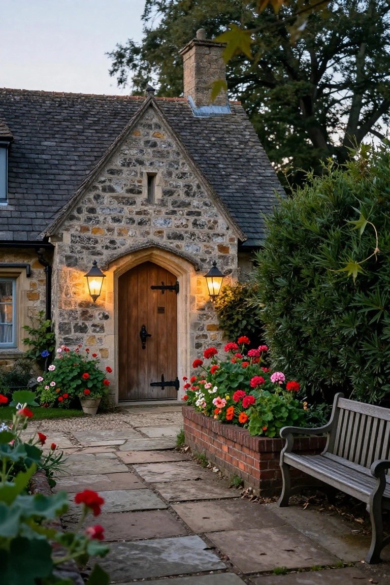 Stone cottage facade with tall arched wooden front door flanked by black lanterns, surrounded by geranium flower beds, brick edging, garden path, and wooden bench under trees at dusk.