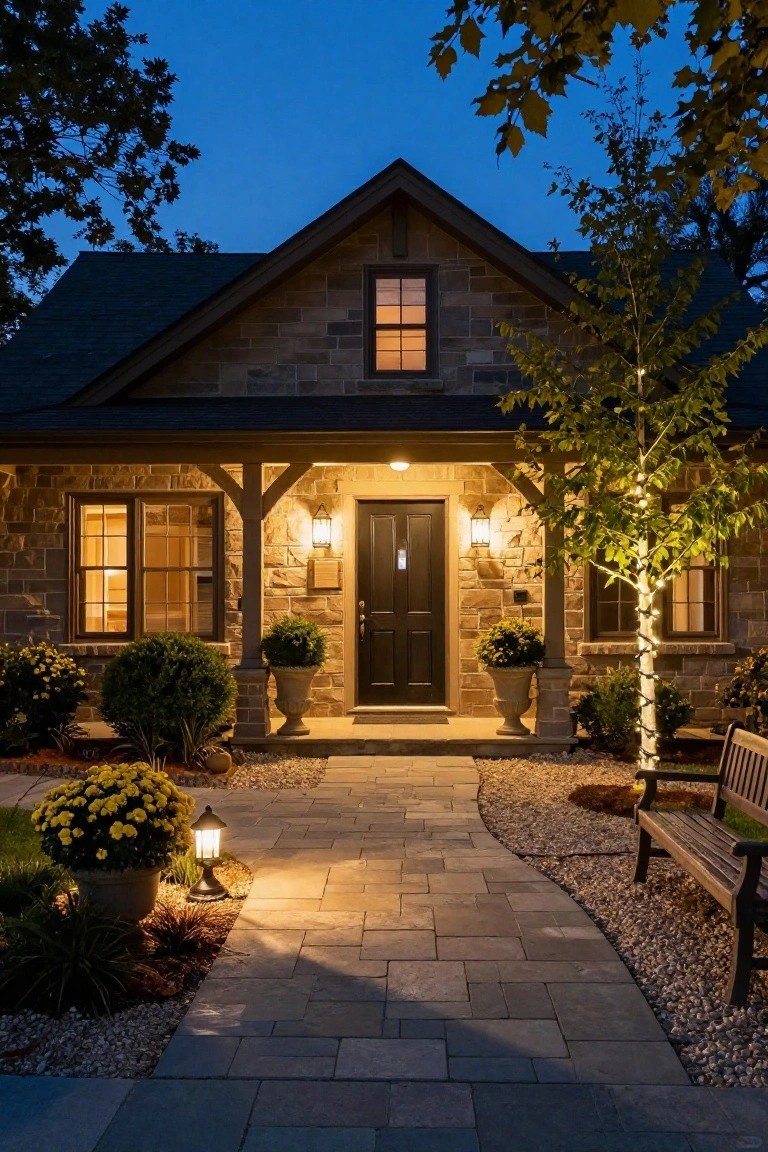 Stone cottage house exterior at dusk featuring a covered timber porch, black front door flanked by lanterns, potted plants, a curved stone pathway, and birch tree with string lights.