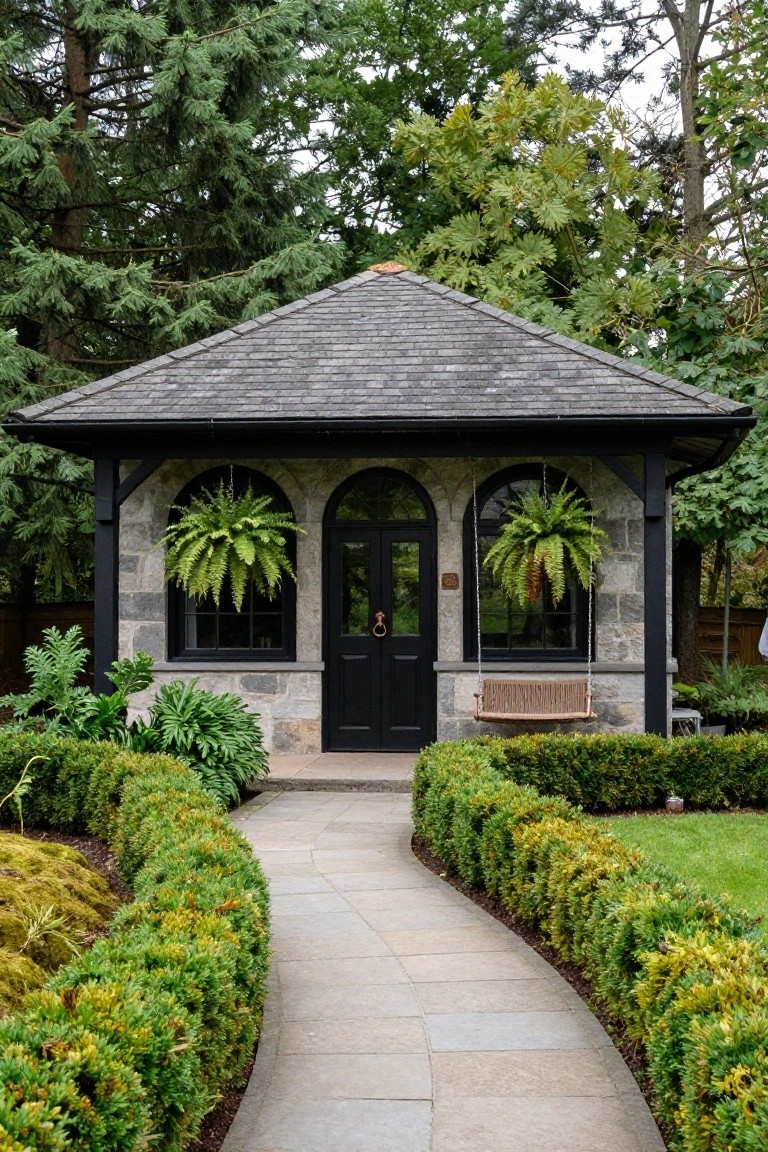 Small stone garden pavilion with black arched door and windows, hanging ferns flanking the entrance, a rattan swing nearby, boxwood hedges bordering a curved stone path, surrounded by trees and plants.