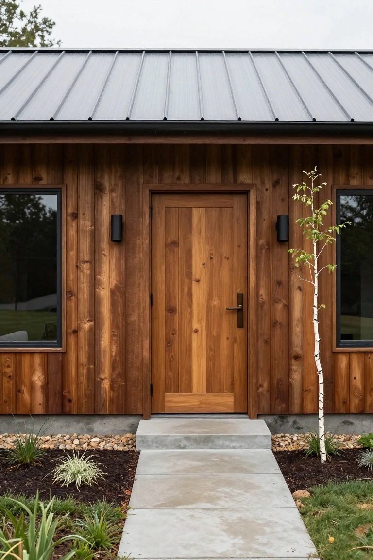 Front exterior of a small cabin with horizontal cedar board siding, dark gray standing seam metal roof, centered wooden door flanked by two black-framed windows, concrete entry steps, gravel and plant borders, and a young birch tree nearby.