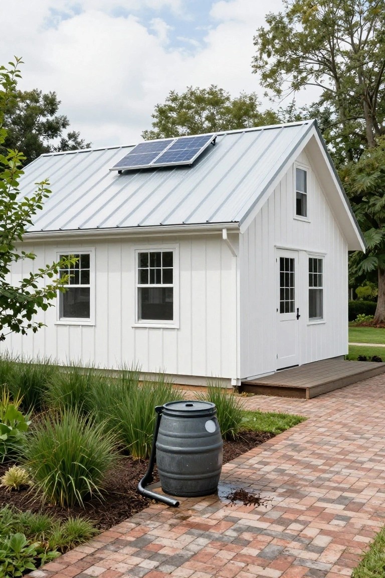 White board-and-batten shed with silver standing-seam metal roof and mounted solar panels, beside landscaping, a gray rain barrel with downspout, and a brick pathway.